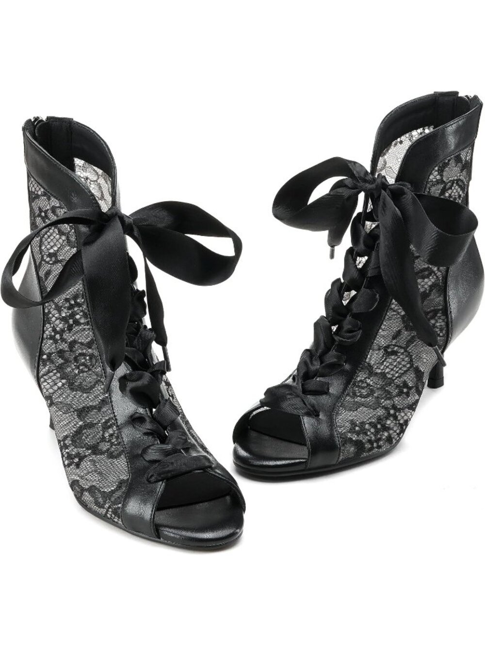 Women's Black Mesh Lace Booties Lace Up Ankle Boots Open Toe Kitten Heels - Picture 4 of 6